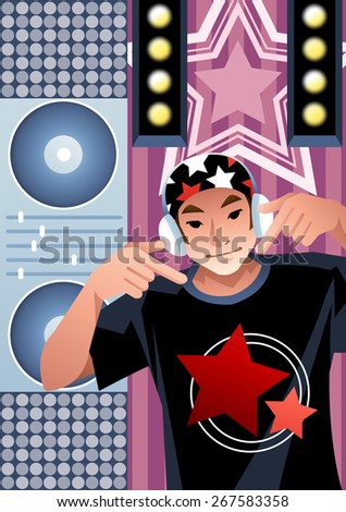Joyful Disco Jockey and Showy Discotheque - young handsome man play electro tool and techno dance with dj mixer in nightclub at concert event on background of colorful stage lamp : vector illustration