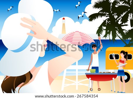 Relaxing Summer Holiday - cute boy and girl greet lovely friend, cook out, enjoy lifestyle in paradise island on the vacation season on a background of bright blue sky and water : vector illustration