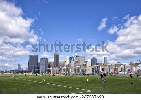 BROOKLYN, NEW YORK - APRIL 4: Brooklyn Bridge Park Pier 5 on the banks of the East River as seen on April 4, 2015,  is the ultimate hub for active park goers.
