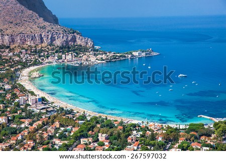 Panoramic view on Mondello white sand beach in Palermo, Sicily. Italy. Royalty-Free Stock Photo #267597032