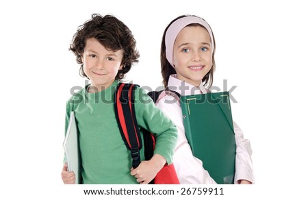 Two students returning to school on a white background