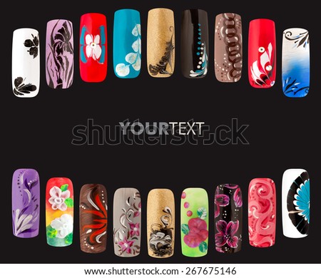 Nail art handmade. Colorful nails isolated a black background