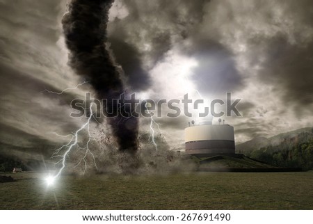 Picture of a large tornado destroying the landscape