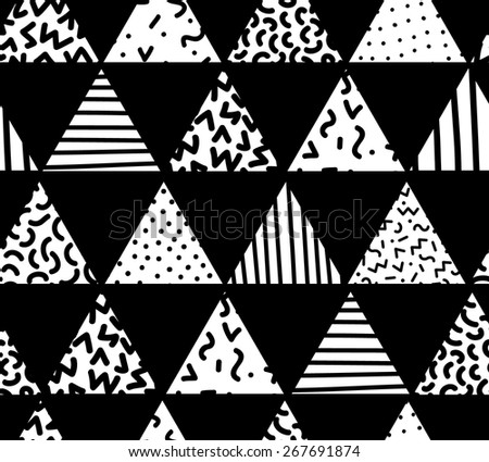 Seamless pattern with triangles and doodle textures in black and white 1