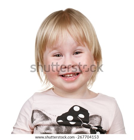Image of cute happy girl, closeup portrait of adorable child isolated on white background
