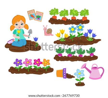 Girl planting things and working in the garden
