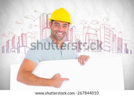 Foreman pointing at blank board on white background against crumpled white page