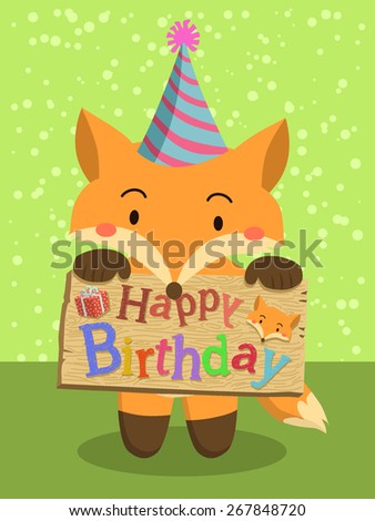 A cute red fox cartoon with party hat holding birthday greeting board in green background.
