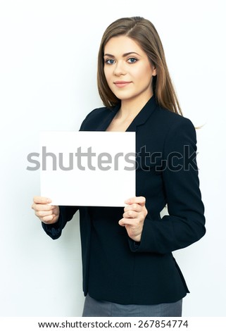 business woman show white sign board. office worker standing against white background.