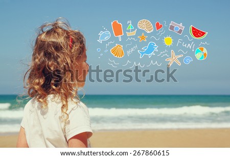 back view of cute girl imagine and dreaming with set of infographics over beach and sea background 