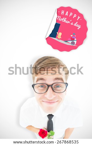 Geeky hipster holding a red rose against chick with wheelbarrow of hearts
