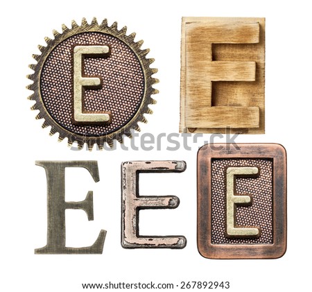 Alphabet made of wood and metal. Letter E