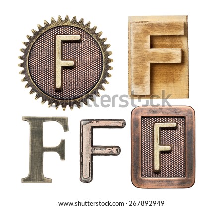 Alphabet made of wood and metal. Letter F