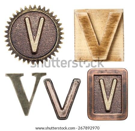 Alphabet made of wood and metal. Letter V