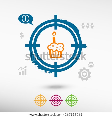 Pictograph of cake on target icons background. Flat illustration.
