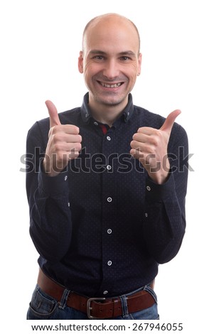 happy handsome bald man showing thumbs up sign