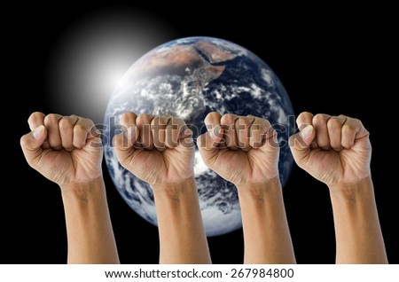 Fist several hand with globe background concept to help the world.