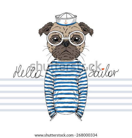 doggy pug sailor, nautical poster, t-shirt design