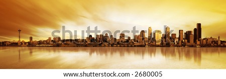 Panoramic Image of the city of Seattle at sunset