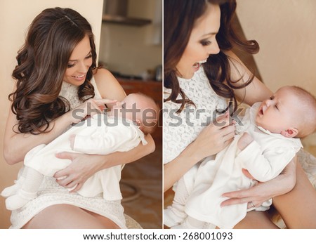 Portrait of a mother with her 4 months old baby at home. Happy child near to mum in her room. Portrait of a mother with her newborn baby. collage