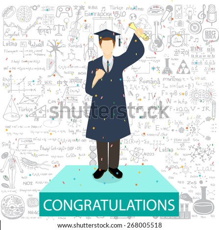 Graduated student standing on the podium withe the word congratulations and education doodles background.