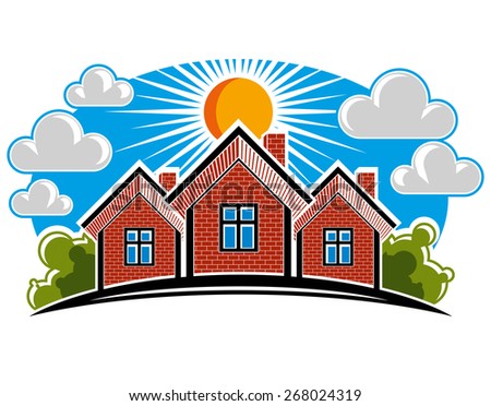 Colorful illustration of country houses on sunny background with horizon line. Village theme bright picture, simple home image.