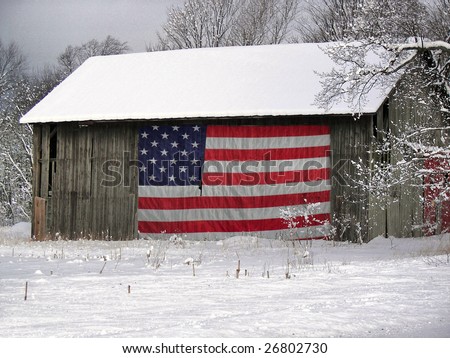 patriotic barn in winter