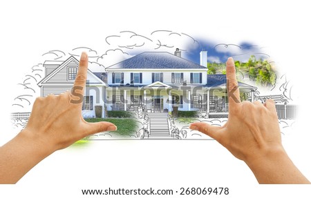 Hands Framing House Drawing and Photo Combination on White.