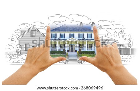 Hands Framing House Drawing and Photo Combination on White.