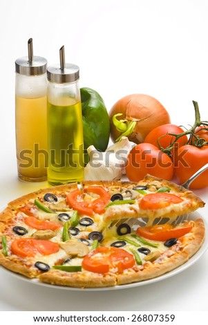 homemade pizza with fresh tomato olive mushroom cheese isolated