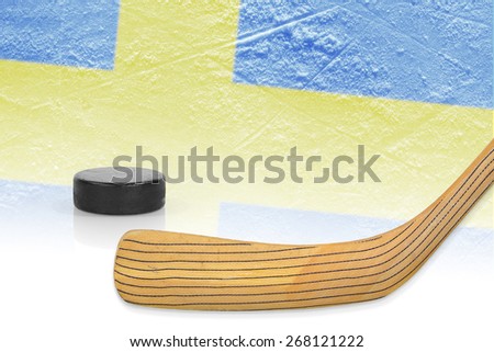 Stick, puck and hockey field with the Swedish flag. The Concept