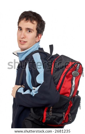 Teen student with a black backpack on white background