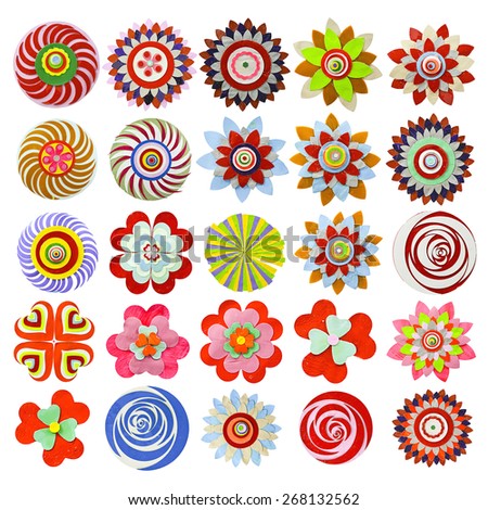 Set of flat flower icons made of paper, isolated on white. Cute retro design in bright colors for floral compositions and patterns. Collection of 25 items.