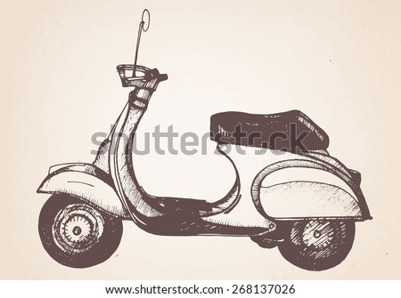 Hand drawn retro scooter. Vector.