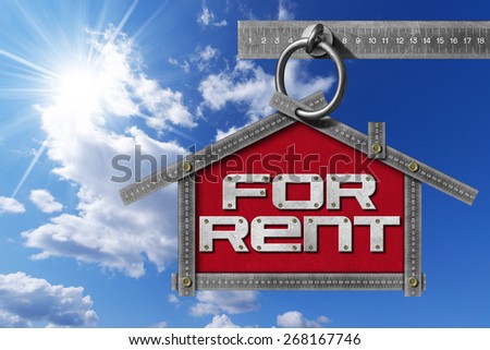 House For Rent Sign - Metallic Meter. Grey metallic meter ruler in the shape of house with text for rent. For rent real estate sign on blue sky with clouds and sun rays