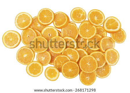 Stock picture of sliced orange in a pile, on a white background