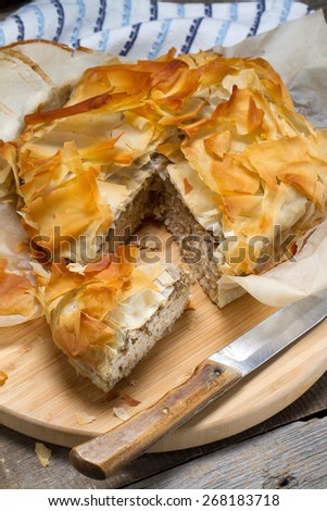 Turkey mince, mushrooms, cream and filo pastry pie