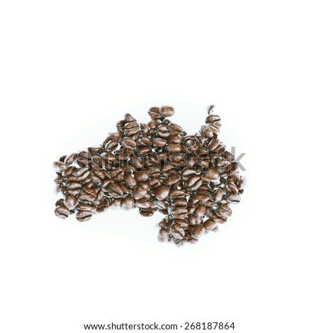 Map of Australia made of roasted coffee beans isolated on white background 