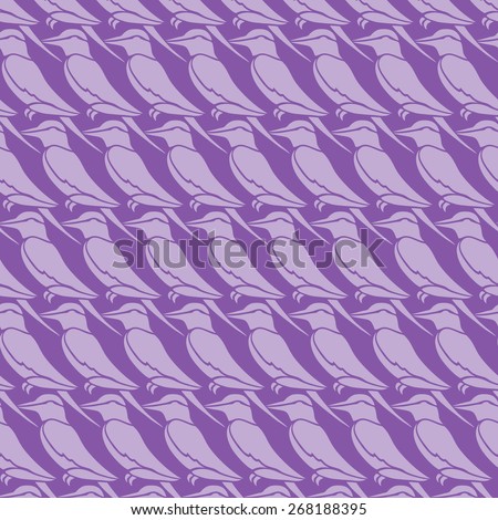 Colorful background in violet tones. Silhouette of small bird. Breasted roller. Vector seamless pattern element. Elegant texture for backgrounds.