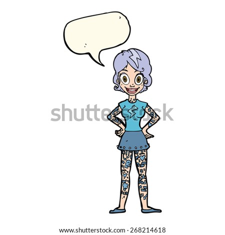 cartoon woman with heavy tattoos with speech bubble