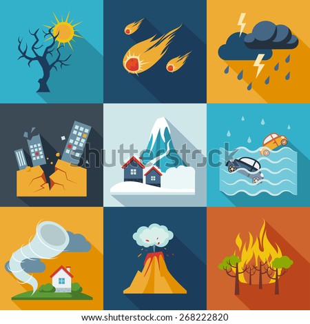 Natural disaster catastrophe and crisis icons flat set vector Royalty-Free Stock Photo #268222820
