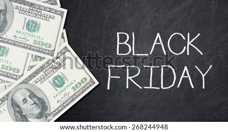 BLACK FRIDAY text written on a blackboard with frame made of 100 US dollars. 