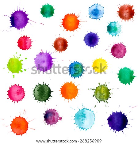 Colorful abstract vector ink paint splats. Set of watercolor blobs, isolated on white background