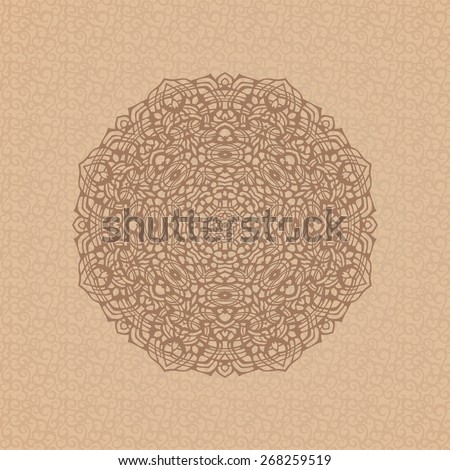 Round ornamental element over seamless pattern on the coffee-colored background. Vintage decorative vector element for wrapping, label, menu, invitations, greeting cards and others. 