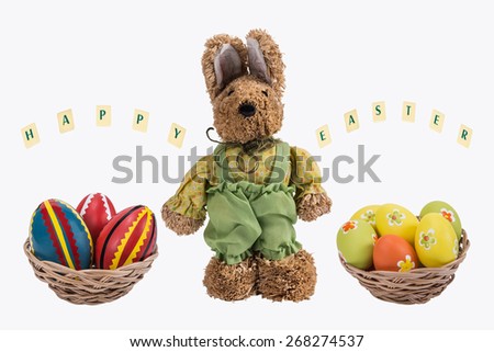 Easter bunny and Easter eggs in a basket with a happy wishes on white background .