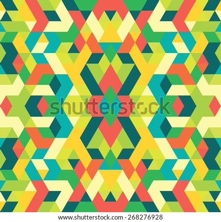 Ethnic seamless pattern of different geometric shapes. Geometrical green, yellow, blue, red colorful background . Linear tribal mosaic pattern. Abstract background for design. Vector illustration.