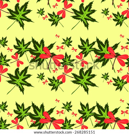seamless pattern with leaves and dragonflies