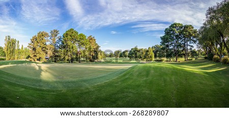 Green landscape unique golf court panoramic view.