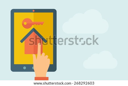 A hand is touching the screen of a tablet with house with key icon. A contemporary style with pastel palette, light blue cloudy sky background. Vector flat design illustration. Horizontal layout with