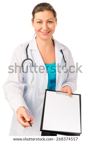 Smiling doctor giving a blank and pen isolated